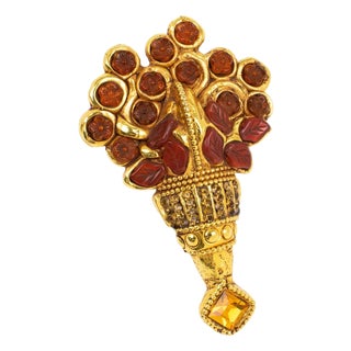 Kalinger Paris Gilded Resin and Red Cabochons Bouquet Brooch For Sale