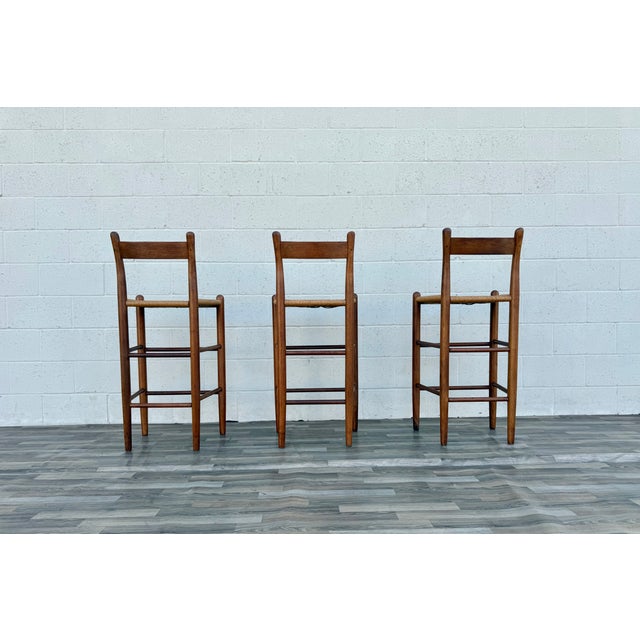 1970s Set of 3 Danish Modern Style Oak Bar Stools With Rush Seats | Mid-Century For Sale - Image 14 of 18