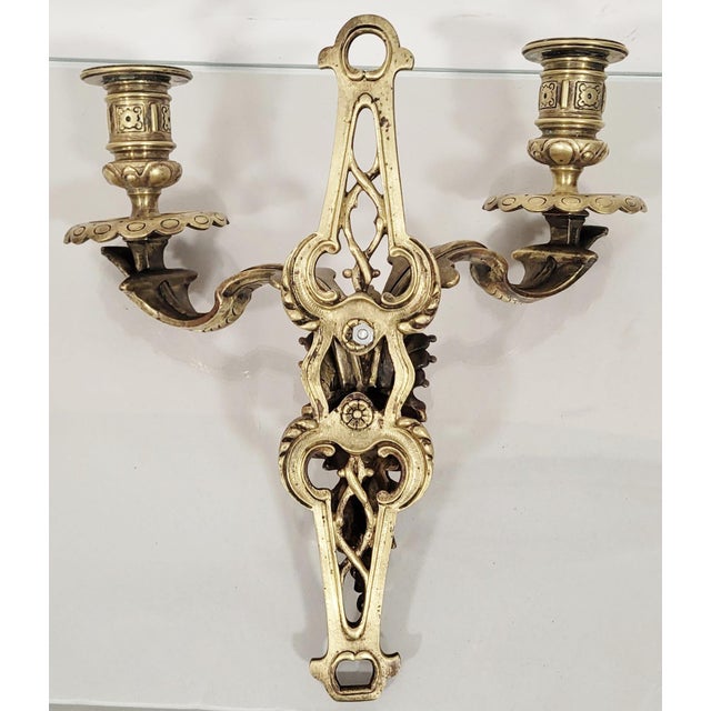 Pair Antique French Gothic Revival Style Bronze Wall Sconces W. North Wind Face For Sale - Image 14 of 14