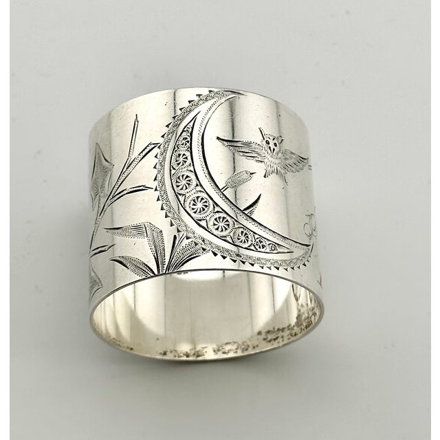 Antique American Hand Engraved Christmas 1882 Sterling Silver Owl & Butterfly Napkin Ring for "Alfred" For Sale - Image 10 of 17