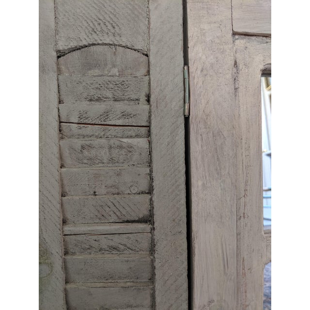 Vintage Farmhouse Style Whitewashed Wooden Window Wall Mirror With Green Shutters For Sale - Image 9 of 12