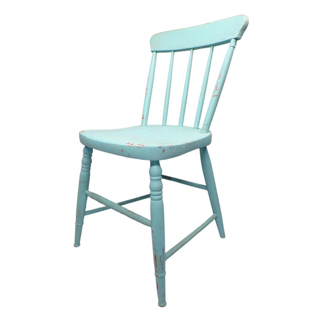 Vintage Chippy Turquoise Wooden Farmhouse Shabby Chic Accent Chair For Sale