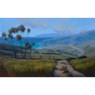 Above Shark Harbor by Jane Hunt | Oil on Panel Landscape with ocean view and trees. For Sale