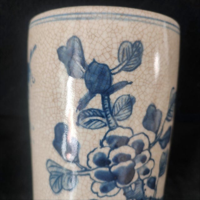 White Chinese Ceramic Pot,Blue and White Porcelain Brush Pot Hand Painted Flowers and Birds Pattern For Sale - Image 8 of 11