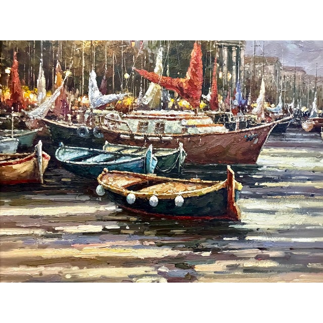 Wood Large Vintage Signed Harbor Scene Painting For Sale - Image 7 of 13