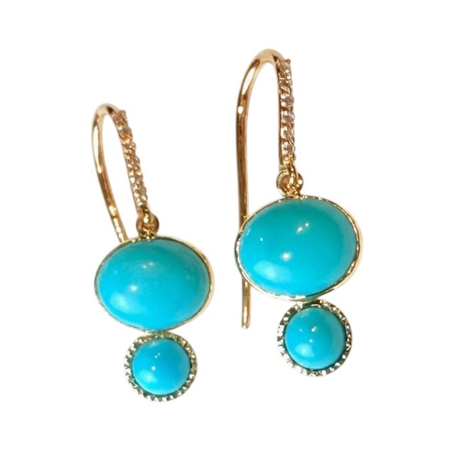 Modern 14k Yellow Gold Diamond & Natural Turquoise Shepherd Hoop Earrings, Pair For Sale - Image 3 of 6