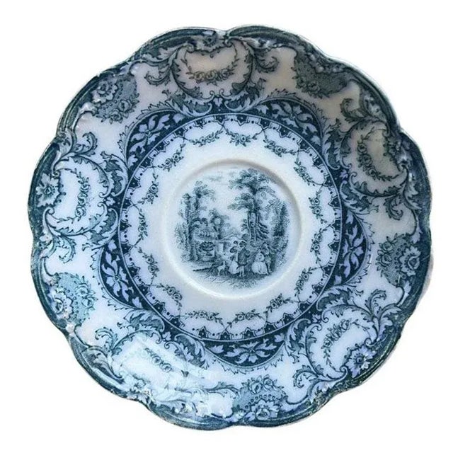 Early 19th Century Antique English Sampson Hancock & Sons Saucer Set in Flow Blue Valencia - Set of 4 For Sale - Image 5 of 11