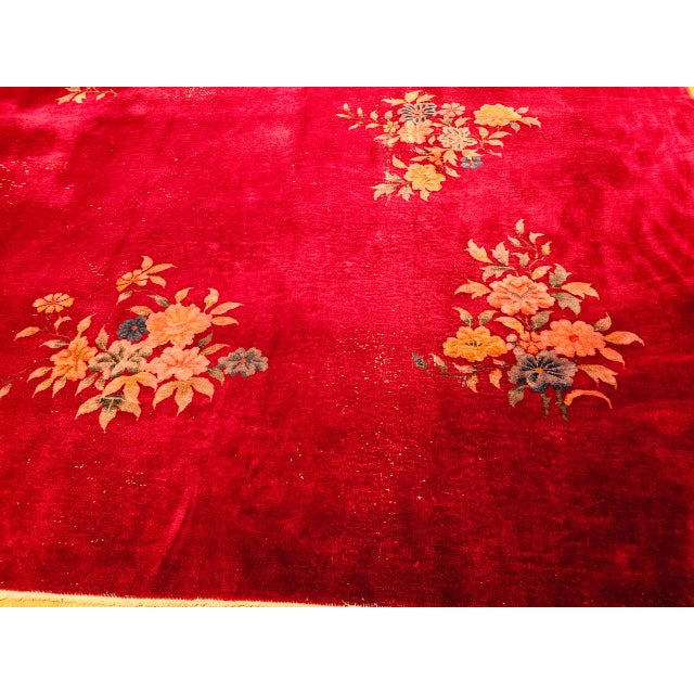 1900 - 1909 Antique Chinese Art Deco Rug, Hand-Knotted Wool, Crimson Floral Design, 10x14 For Sale - Image 5 of 18