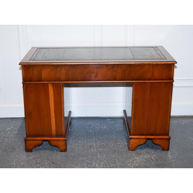 Animal Skin Vintage Yew Wood Twin Pedestal Green Leather Top Desk For Sale - Image 7 of 18