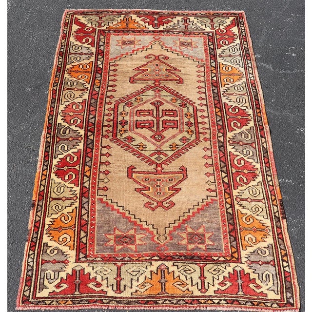 Tan Colorful Vintage Turkish Oushak Rug With Geometric Design 3'4 X 5'4 For Sale - Image 8 of 14