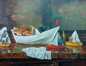 Juan Rodrigo Piedrahita Escobar, Paper Boat with Animals, 2026, Oil Painting