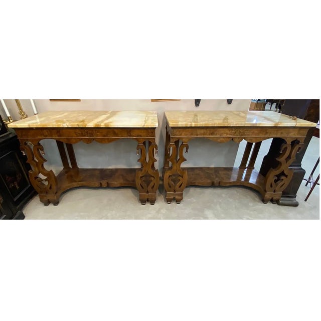 Incredible pair of 19th century Continental inlaid walnut consoles with yellow onyx tops. Northern Italian or Austrian mid...