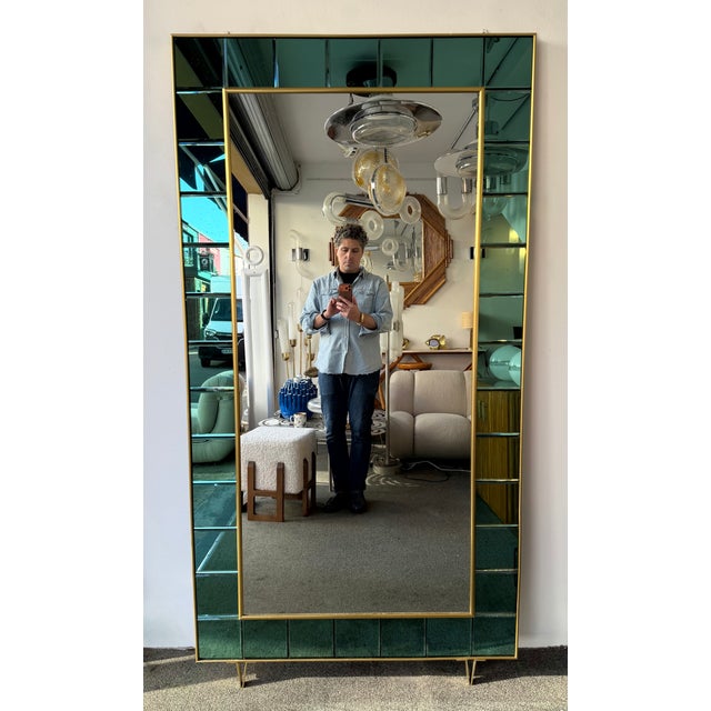 Cristal Arte Extra Large Floor Mirror Green Glass and Brass by Cristal Art Italy, 1960s For Sale - Image 4 of 12