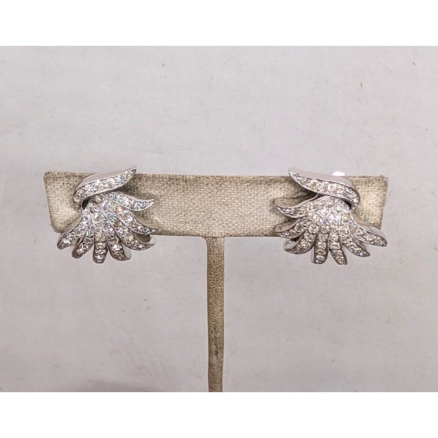 1980s Vintage Signed Panetta Rhodium Plated Clear Rhinestone Clip Earrings-2 Pieces For Sale - Image 5 of 7