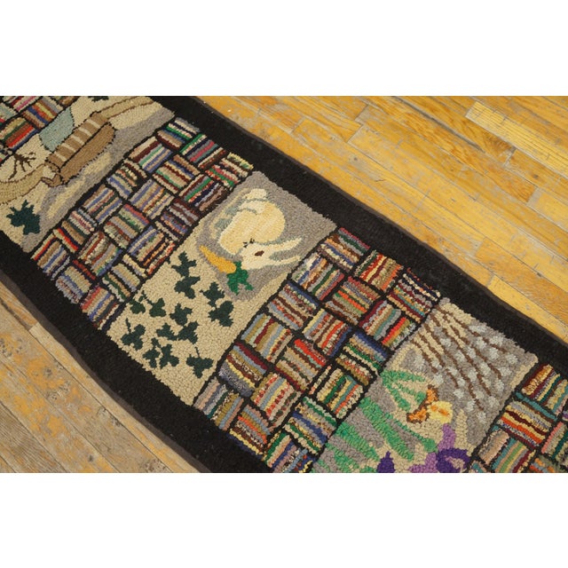 1930s Multicolor Scene Pictorial Folk Art American Hooked Rug Runner 2' X 19' Handknotted Wool Carpet For Sale - Image 4 of 14