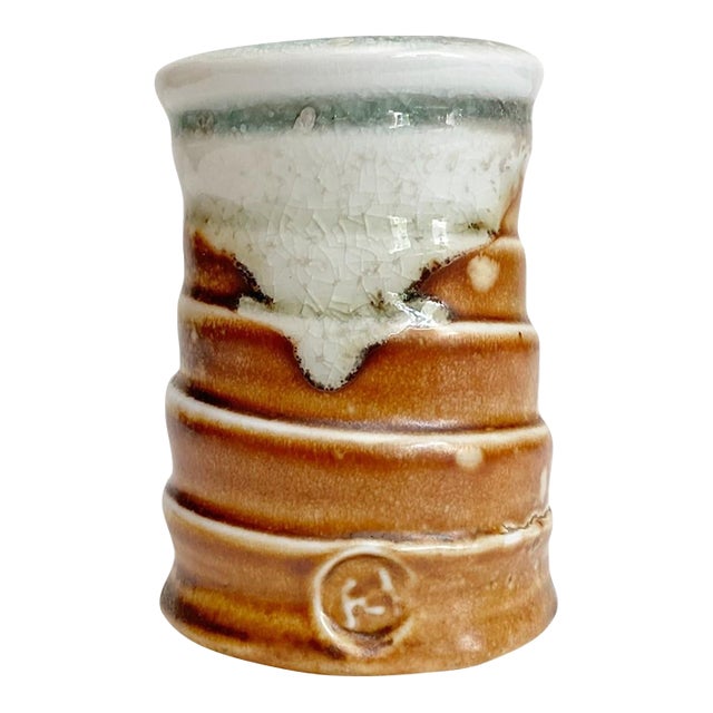 Artisan Stamped Wheel Thrown Pottery Bud Vase - Textured Spiral Rustic Glaze For Sale