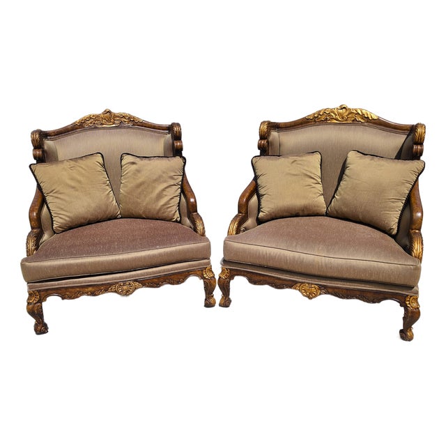 Marge Carson Style French Louis XV Ornate Caved Settees Loveseats Pair For Sale