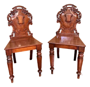 19th Century English Regency-Style Carved Mahogany Shield Back Hall Chairs - A Pair