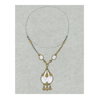 1970s Hand Drawn Paris Jewelry Design – White Drop Pendant Necklace - Unknown Artist For Sale