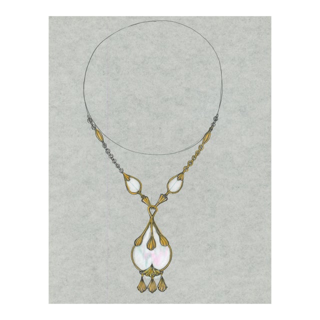 1970s Hand Drawn Paris Jewelry Design – White Drop Pendant Necklace - Unknown Artist For Sale