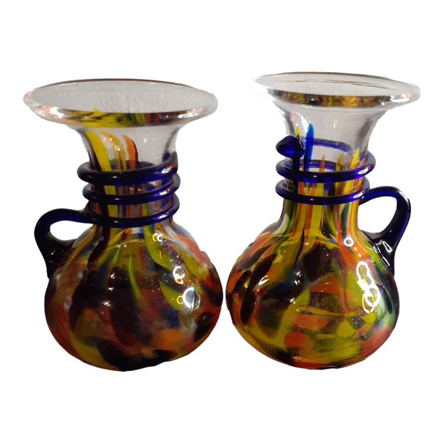 1960s Pair of Bohemian Hand Blown Multicolor Spatter Vase With Rigaree For Sale