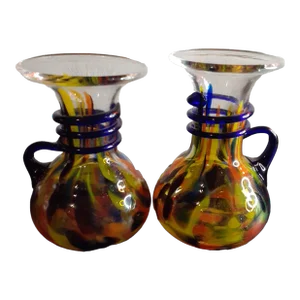 1960s Pair of Bohemian Hand Blown Multicolor Spatter Vase With Rigaree