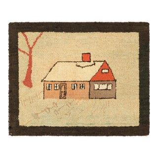 Antique Framed Square Hooked Rug, Bucolic House Pictorial in Cream - Rug & Kilim For Sale