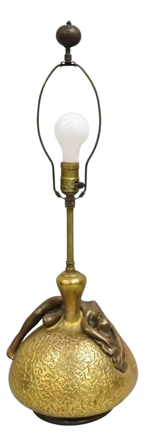 Antique Art Nouveau Olive Kooken Figural Nude Female Bronze Ceramic Table Lamp