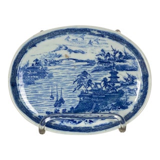 Vintage Blue and White Oval Dish, Circa 1980 For Sale