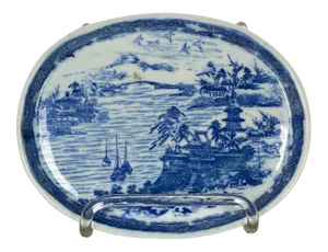 Vintage Blue and White Oval Dish, Circa 1980