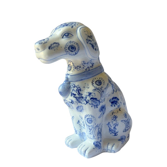 1980s Vintage Blue and White Chinoiserie Staffordshire Style Dog Figurine For Sale - Image 5 of 9