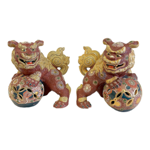 Vintage Japanese Pottery Kutani Foo Dogs in Cinnabar and Gold Colors- A Pair