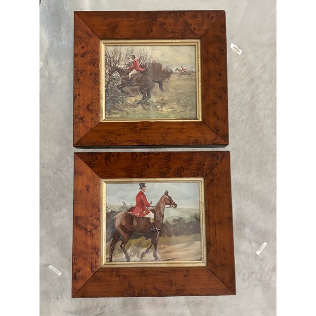 Handsome pair of English Fox Hunt Sporting Pictures in Antique Bird's Eye Maple Wood Frames Newer brackets on back of each...