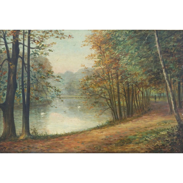 Wonderful turn of century English School landscape with swans in park setting, by an unknown artist, c.1900. Signed with...