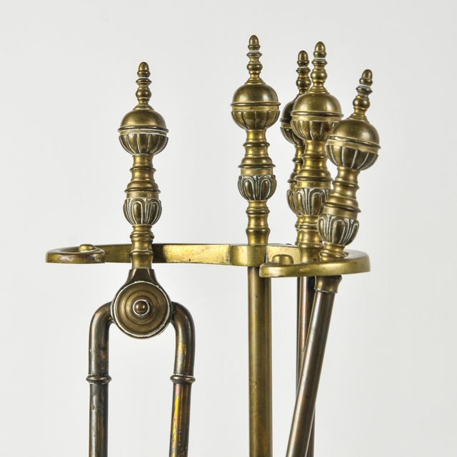 Heavy beautifully designed five piece antique or vintage fireplace hearth tool set. Ornate rounded handles are in solid...