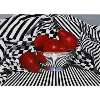 Black, White, and Red Pears by Suzy Smith | Oil Painting of red pears in a striped bowl For Sale