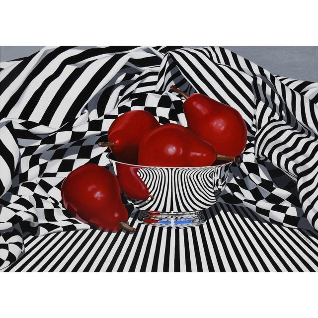 Black, White, and Red Pears by Suzy Smith | Oil Painting of red pears in a striped bowl For Sale