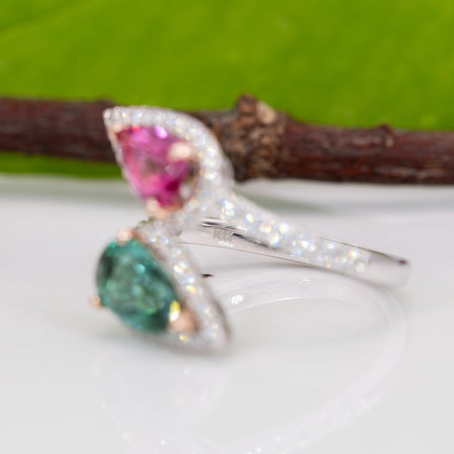 Toi Et Moi Pink & Indicolite Tourmaline Ring With Diamonds: 14k Gold, Pear Cut, Size 5.25 For Sale - Image 9 of 9