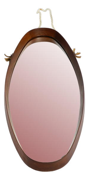 Large Oval Teak Wall Mirror with Thick Nylon Rope, Italy, 1960s