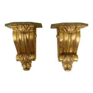 Pair Large Gold Wall Shelf Sconces
