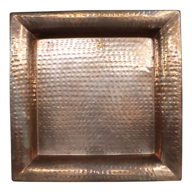Hammered Copper Square Tray With Wide Gallery Rim For Sale