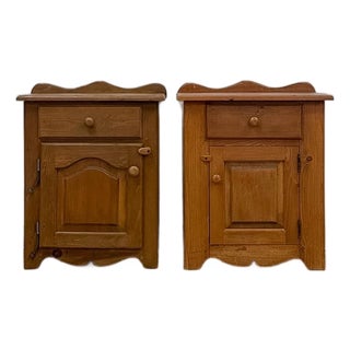 Mid 20th Century Pair of Rustic Pine Nightstands Drawer Arched Cabinet Door Scalloped European For Sale