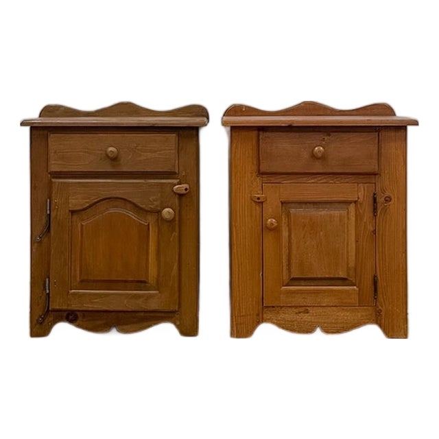 Mid 20th Century Pair of Rustic Pine Nightstands Drawer Arched Cabinet Door Scalloped European For Sale
