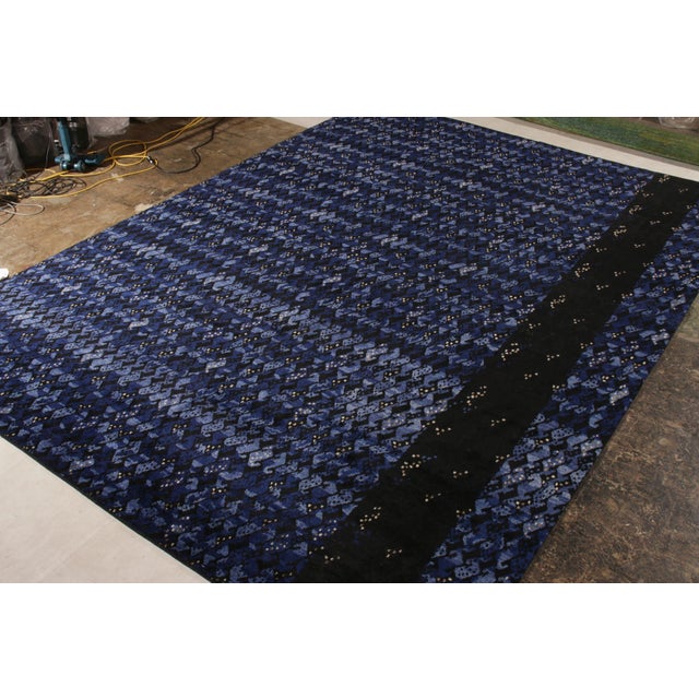 Mid-Century Modern Rug & Kilim’s Scandinavian Style Rug in All Over Blue, Black Geometric Pattern For Sale - Image 3 of 9