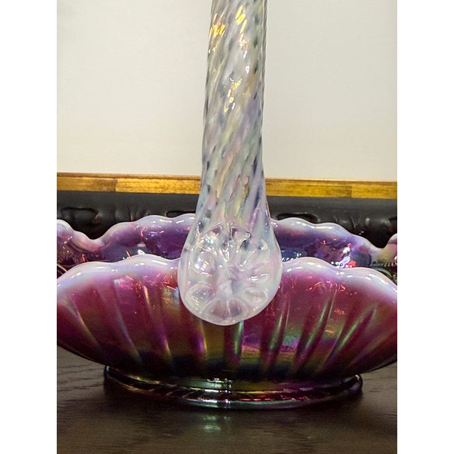 1990s Handmade Fenton Plum Opalescent Art Glass Basket With Iridescent Finish For Sale - Image 12 of 13