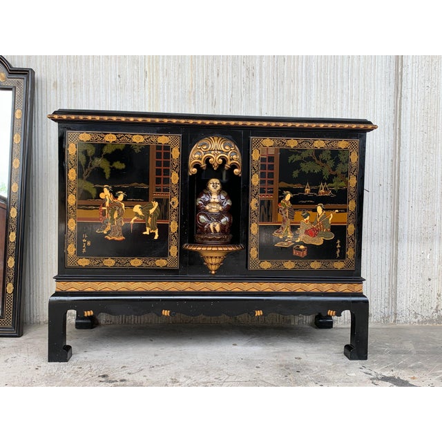 Early 20th Century Black Lacquer & Hand Painted Open Altar Table or Sideboard with Mirror For Sale - Image 4 of 18