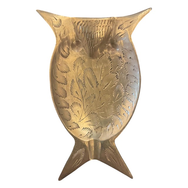 Pair of Vintage Midcentury Owl Etched Brass Trinket/Ring Dish For Sale - Image 4 of 6