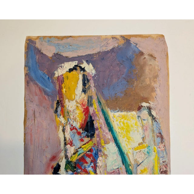 Original oil on paper, unsigned, an abstract expressionist composition suggesting two robed or hooded figures rendered in...