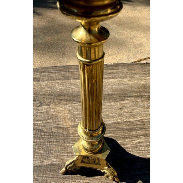 Antique Church Altar Brass Mary Joseph Jesus 12" Fluted Stem Tripod Candlestick For Sale - Image 9 of 10