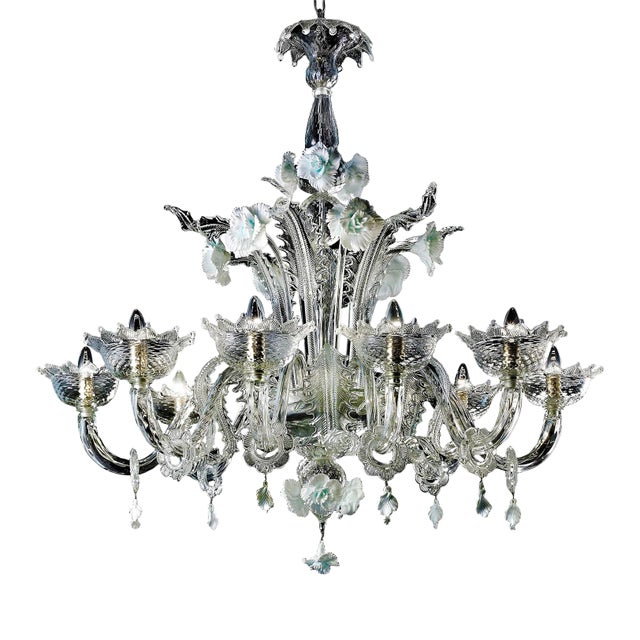 Luxury Romantic Venetian Floral Murano Glass Chandelier in White & Clear For Sale